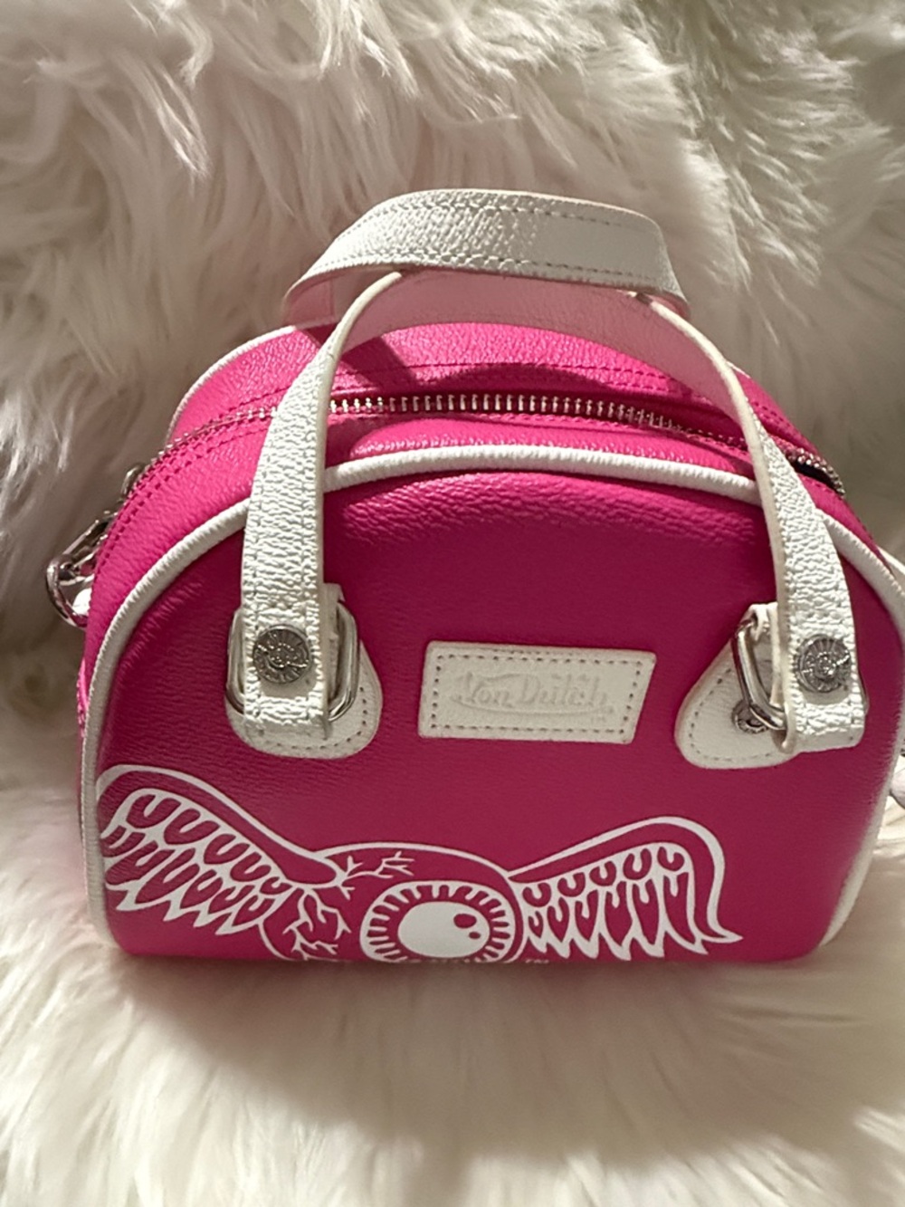 Von Dutch Hot Pink Mini Dome Crossbody with White Trim - Picture 4 of 5